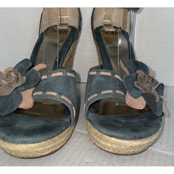 Sofft Sandals Women’s 10M Blue Espadrille Wedge Suede High Heel‎ Floral Shoes - Picture 4 of 13